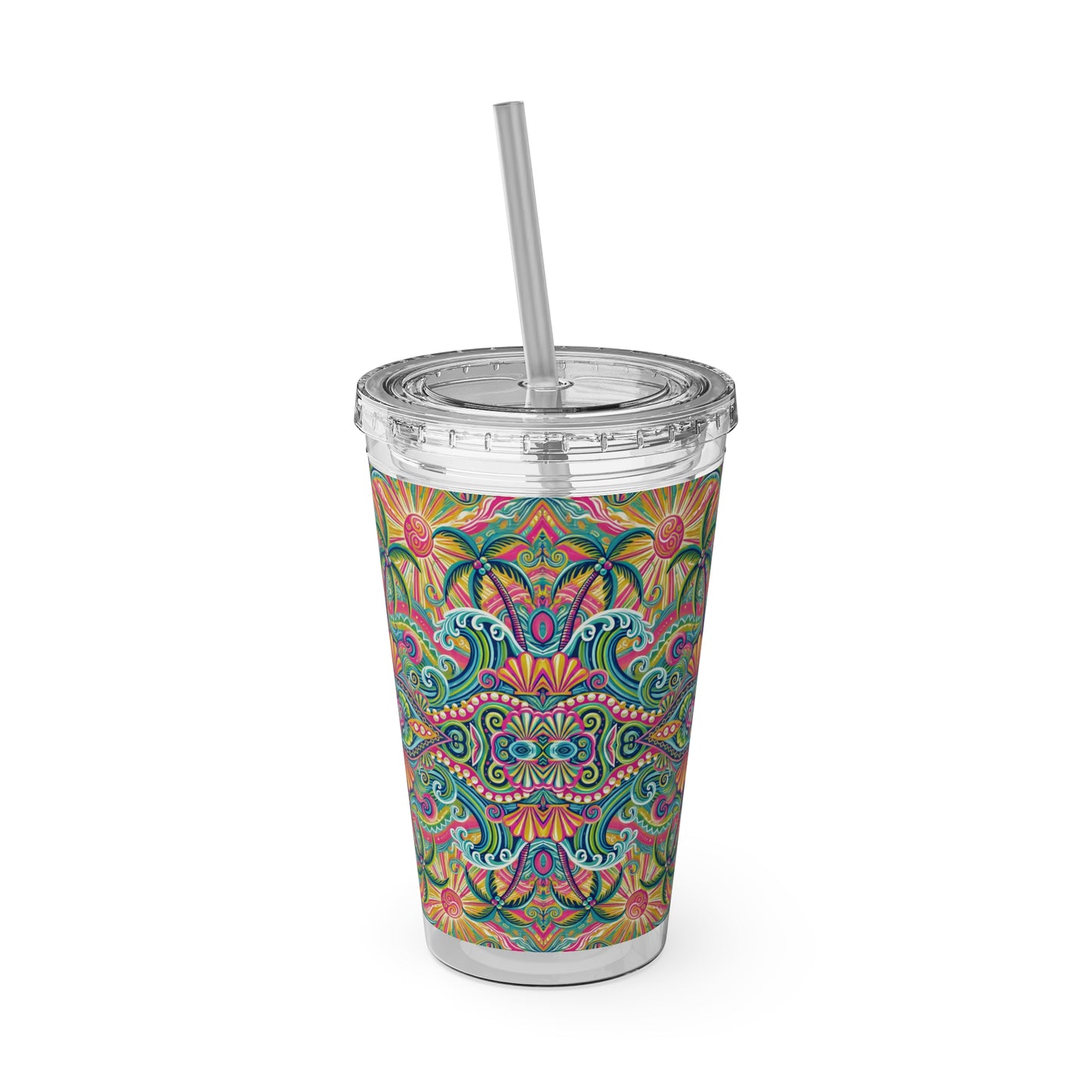 Tropical Tumbler with Straw | 16oz Colorful Travel Cup / Kaleido Bay