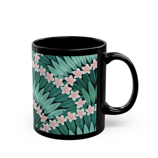 Black Mug (11oz, 15oz), Plumeria and Palms, Evergreen