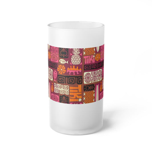 Frosted Glass Beer Mug, Tiki Poster Pink/Orange