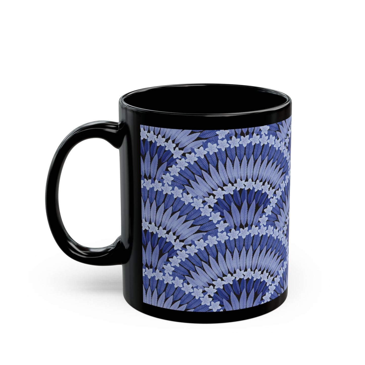 Black Mug (11oz, 15oz), Plumeria and Palms, Navy Blue