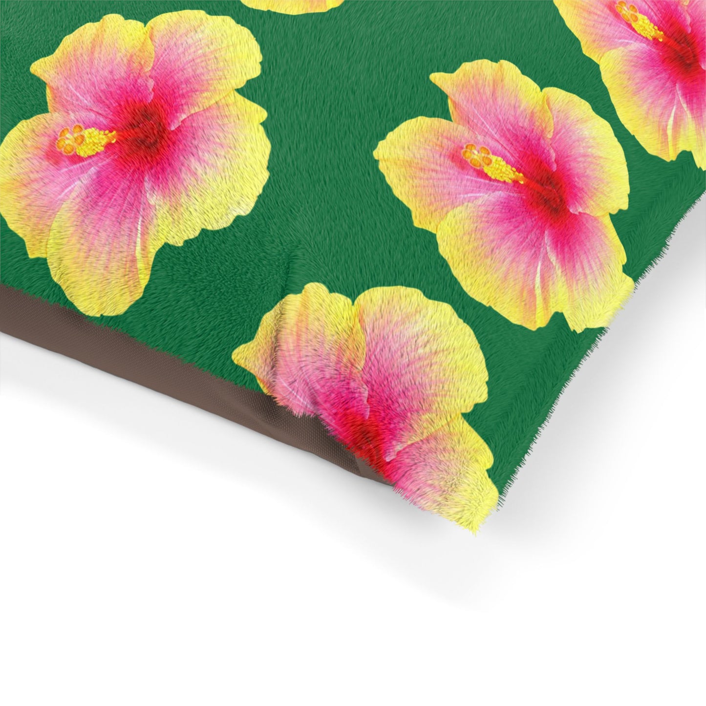 Pet Bed - Cozy and Fun Dog or Cat Bed for Beach Lovers / Real Yellow & Pink Hibiscus/Dark Green
