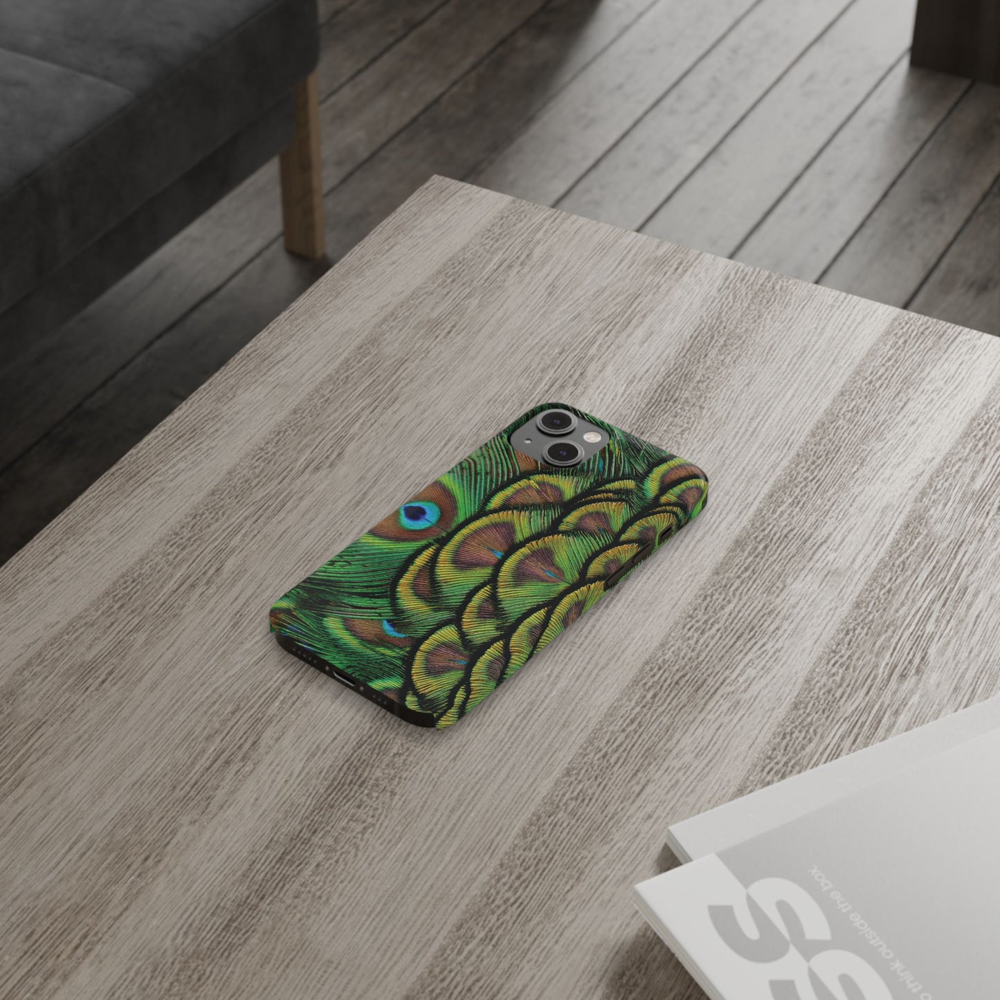 Slim Phone Cases - Brilliant Green Peacock Feathers