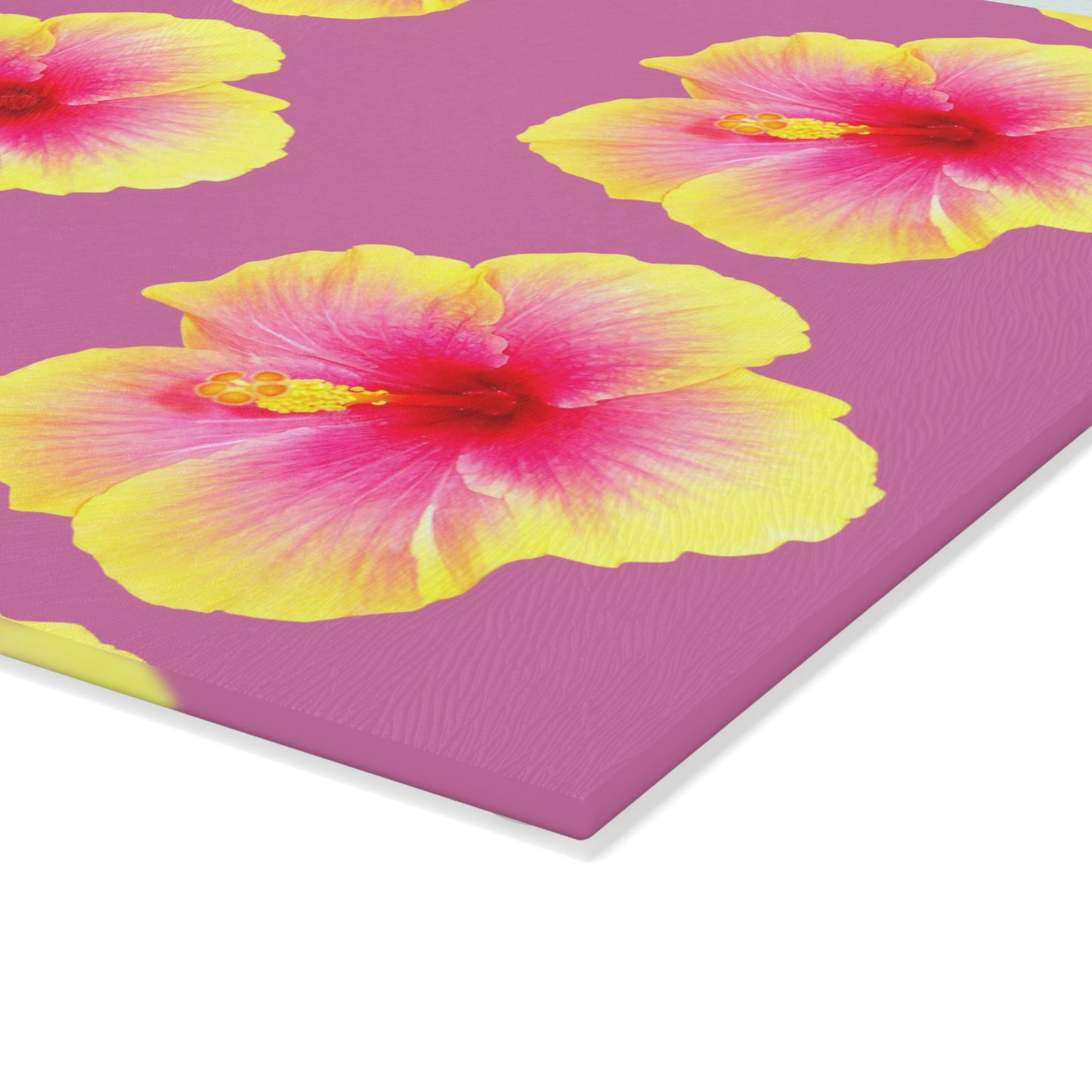 Glass Cutting Board, 2 sizes - Real Yellow & Pink Hibiscus/Lt. Pink