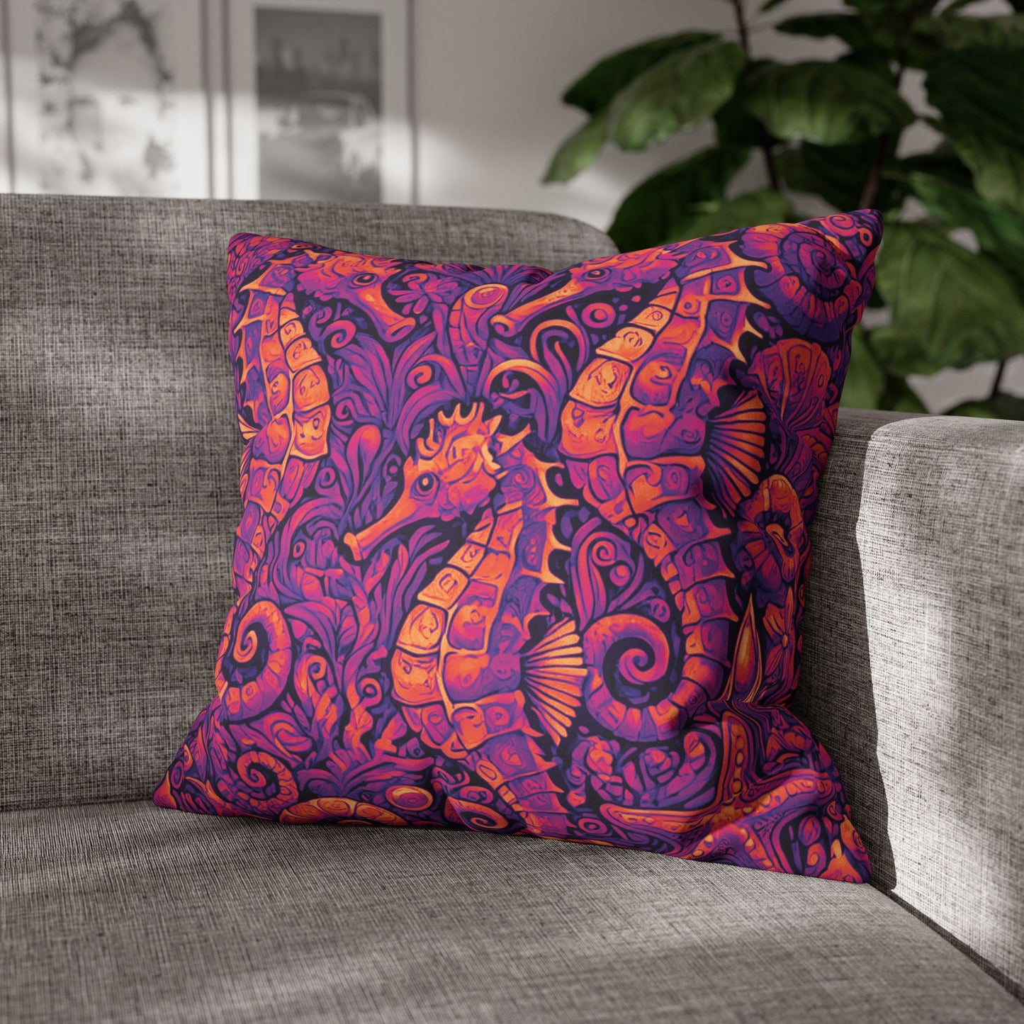 Faux Suede Square Pillowcase - Seahorse Trio, Heatwave