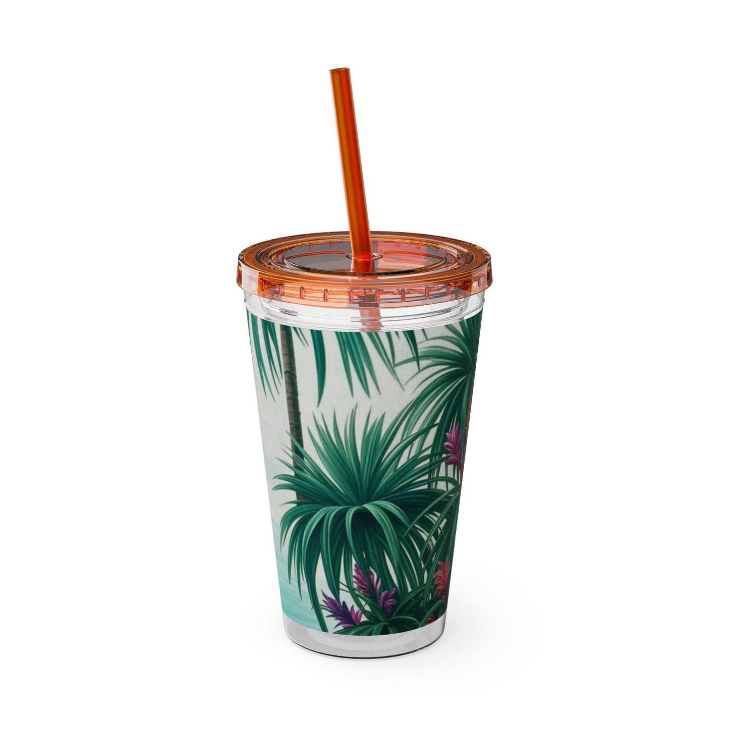 Tropical Tumbler with Straw | 16oz Colorful Travel Cup / Tiny Palm Island