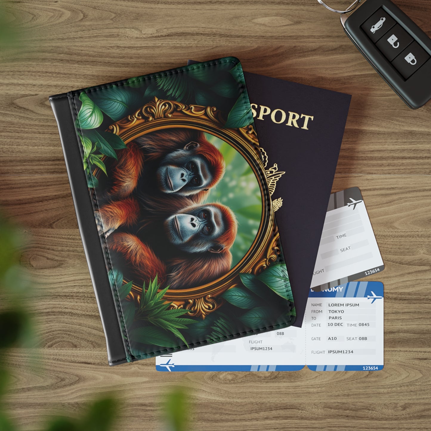 Tropical Passport Cover, Faux Leather - RFID blocking for travel security / Rainforest Framed Orangutan Apes