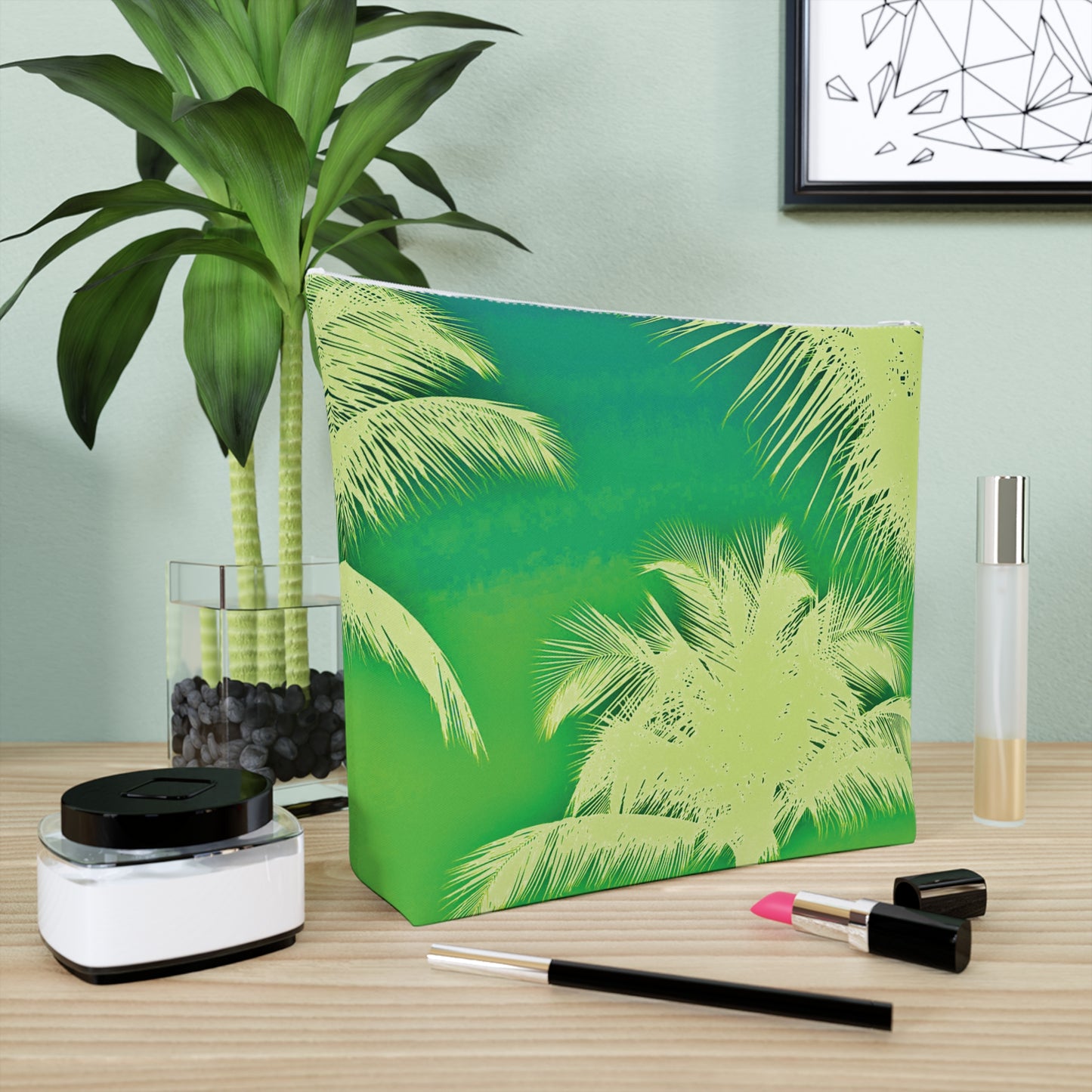 Tropical Cotton Cosmetic Bag, Makeup Pouch, 5 Sizes / Palm Glow, Green