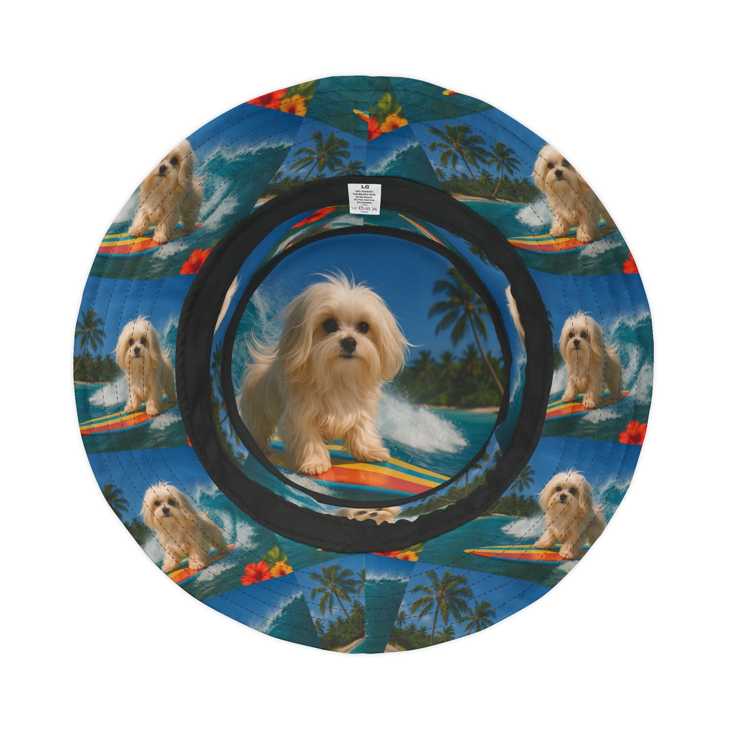 Tropical Polyester Bucket Hat, 2 Sizes - Puppy Ariel the Dog Surfer