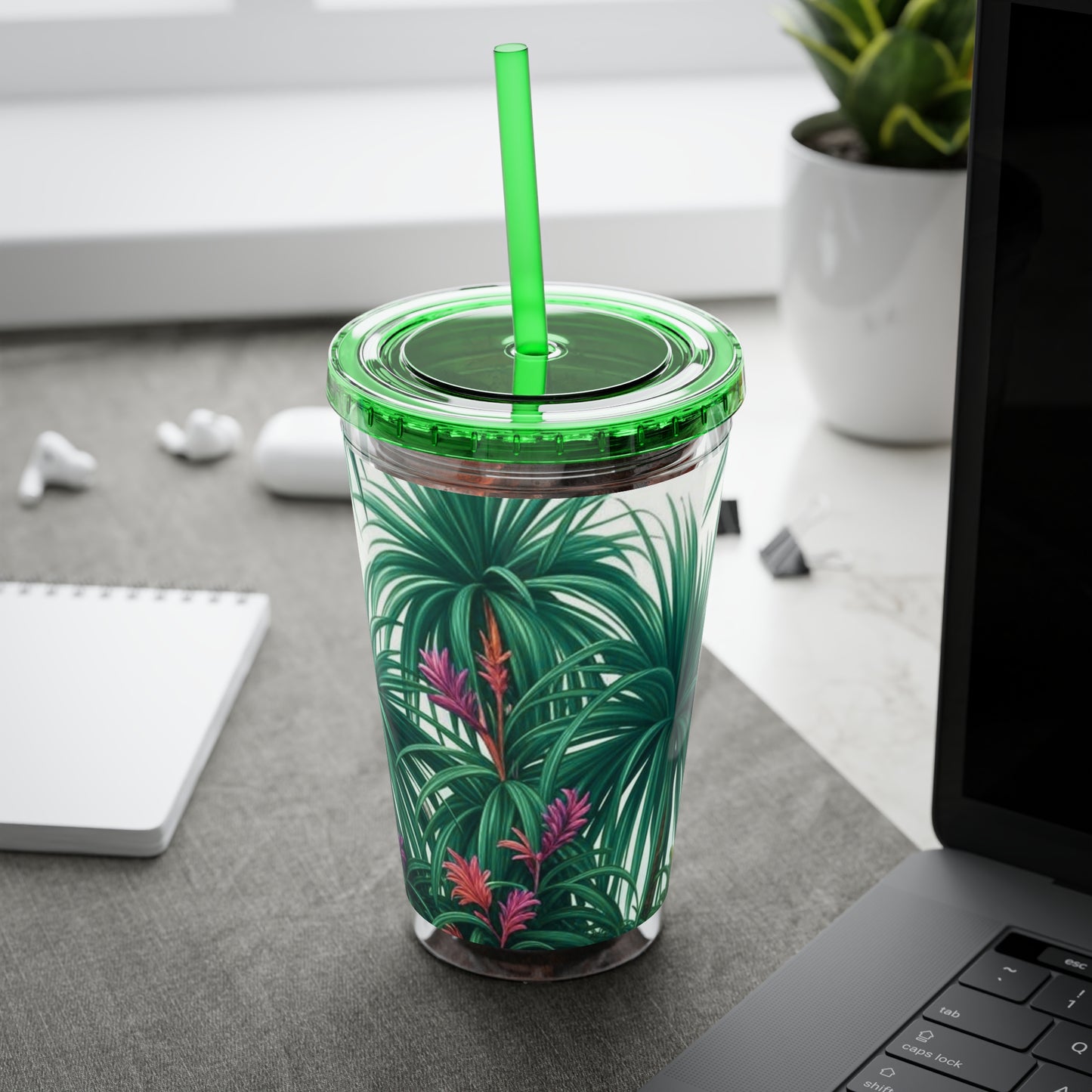 Tropical Tumbler with Straw | 16oz Colorful Travel Cup / Tiny Palm Island