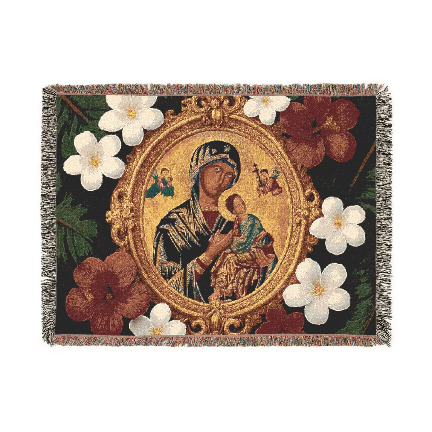Religious Woven Blanket - 52" x 37" - Our Lady of Perpetual Help/Red Floral