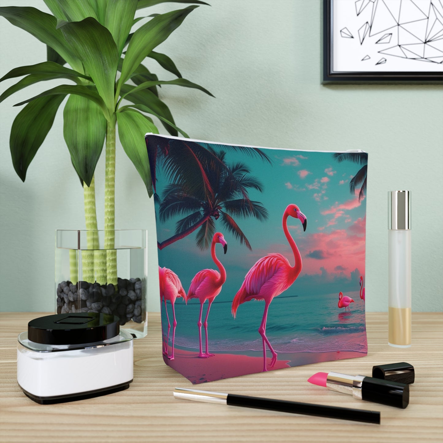 Tropical Cotton Cosmetic Bag, Makeup Pouch, 5 Sizes / Neon Flamingos at Night