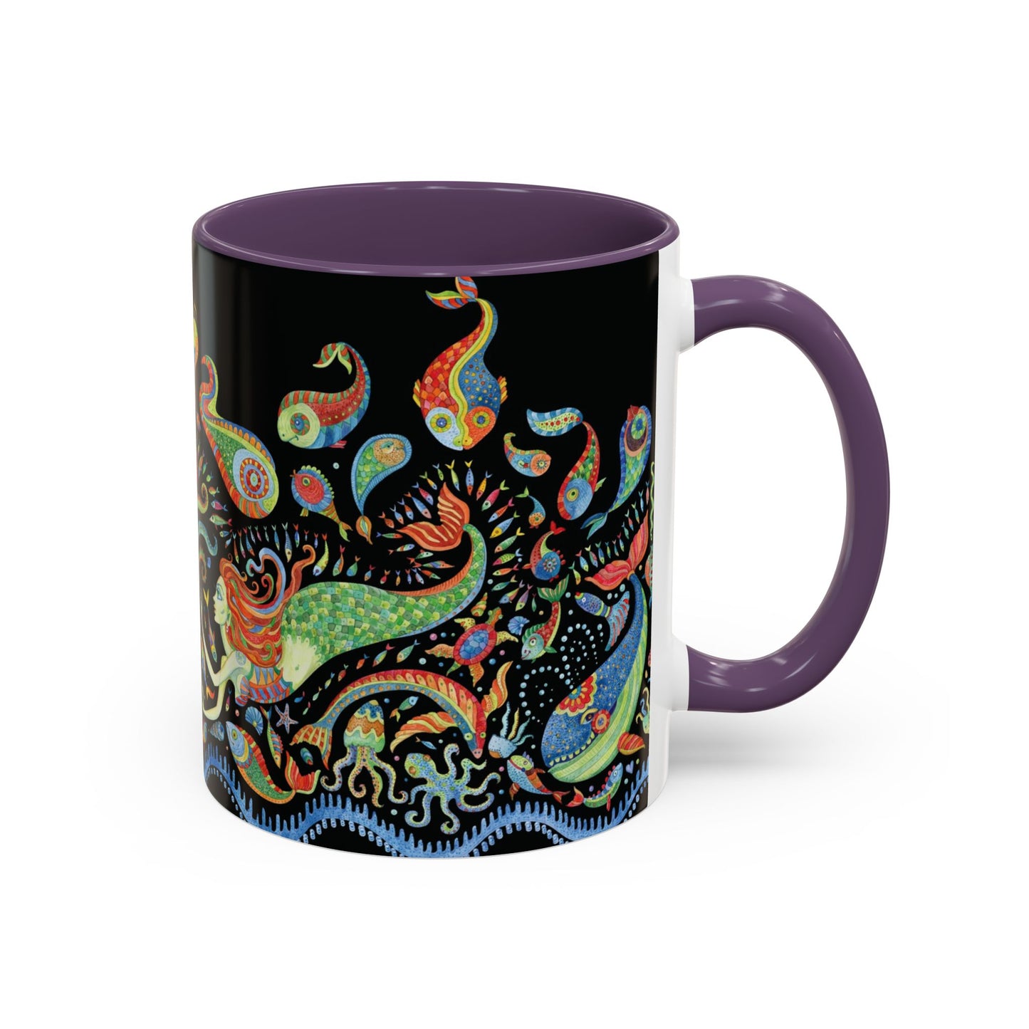 Mermaid Kingdom/Black, Coffee Mug, 8 Colors - Fun Tropical Drinkware for Beach Vibes