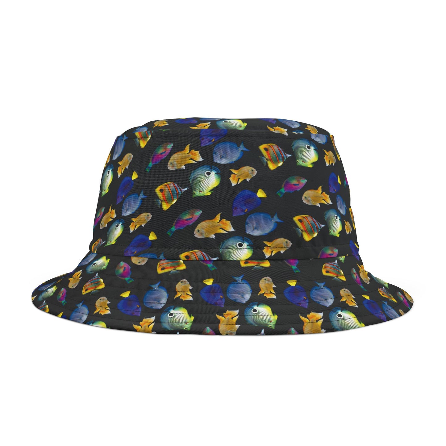 Tropical Polyester Bucket Hat, 2 Sizes - School of Fish / Black