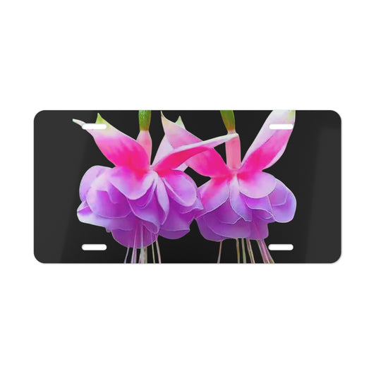 Real Two Fuchsias Vanity Plate, Black - Tropical Floral Design for Cars, Trucks, and Decor