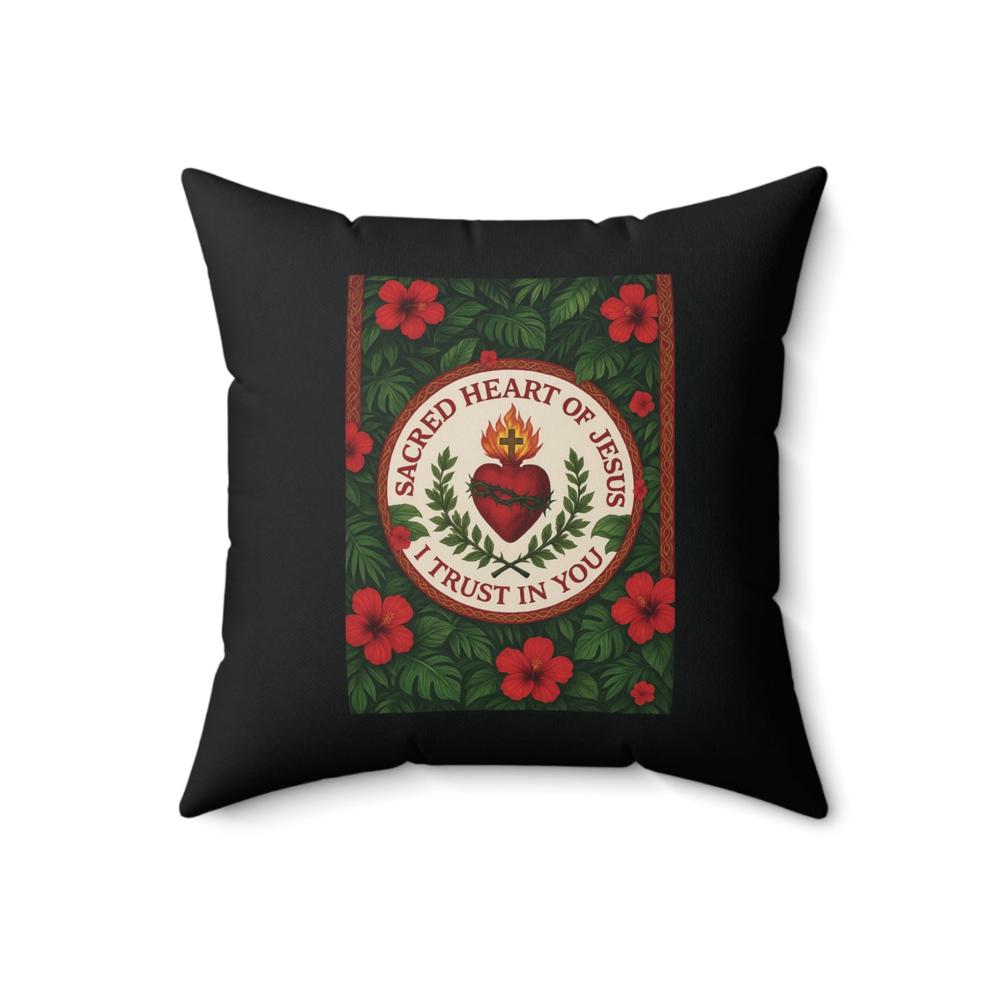 Religious Decorative Pillow - Accent Cushion, 4 Sizes / Sacred Heart of Jesus Prayer, Black
