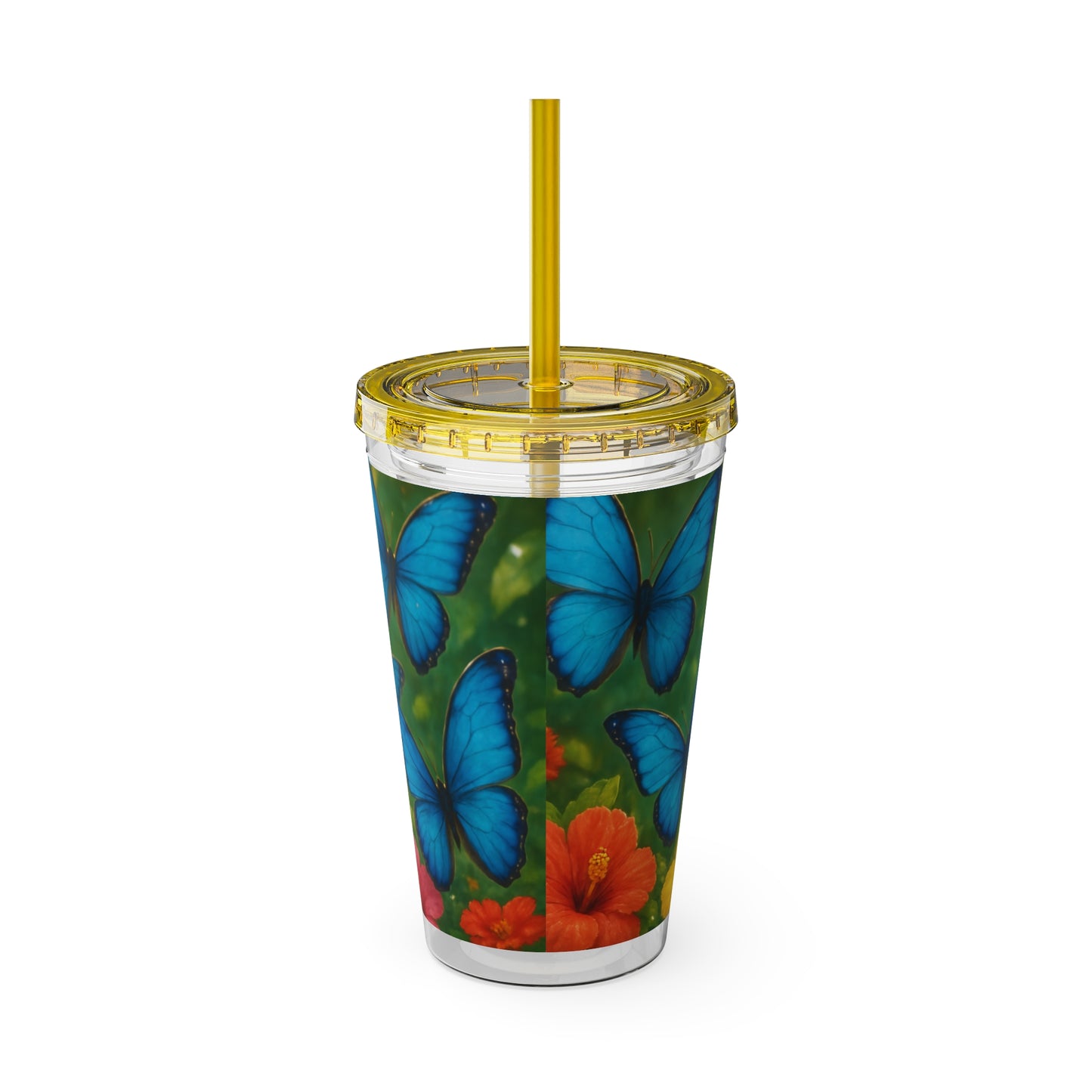 Tropical Tumbler with Straw | 16oz Colorful Travel Cup / Morpho Butterflies Flight