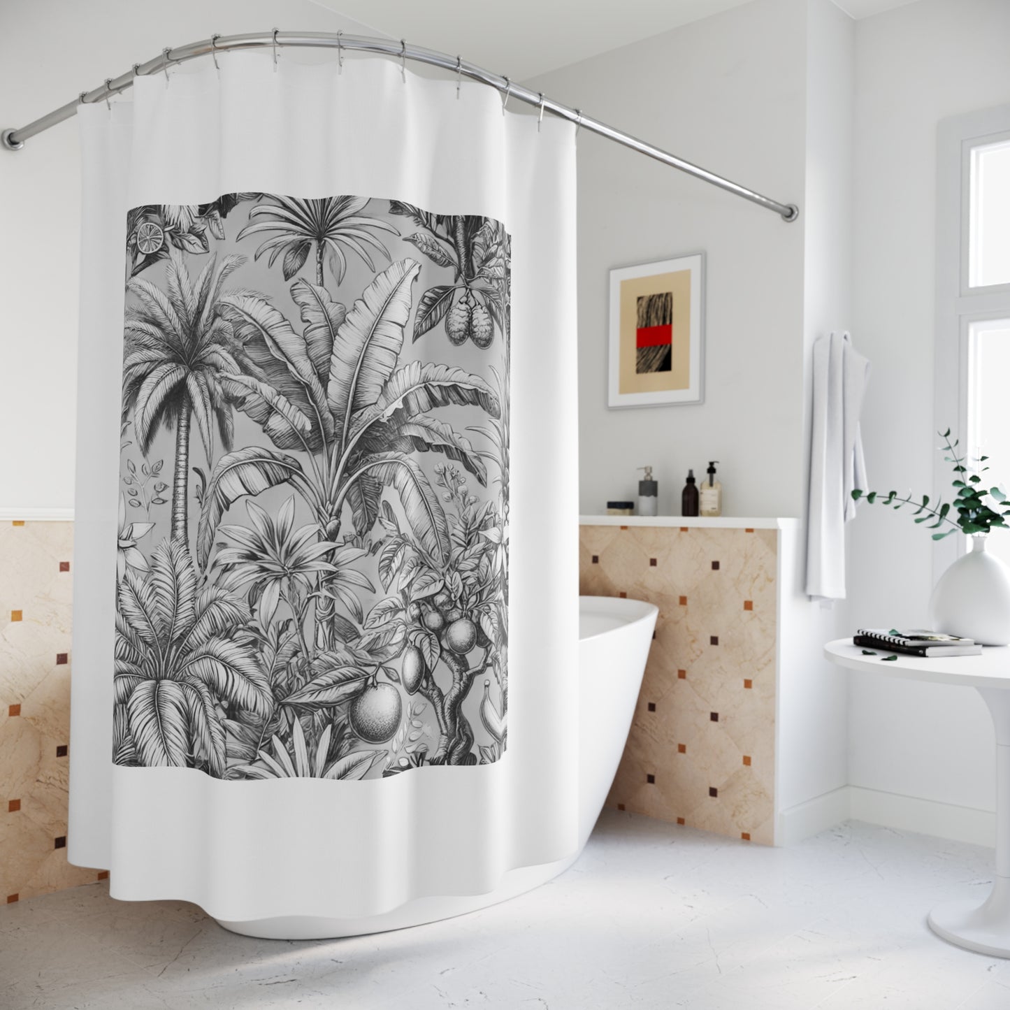 Palm Tree Shower Curtain - Ocean Bathroom Decor / Tropical Fruit/Newspaper, White