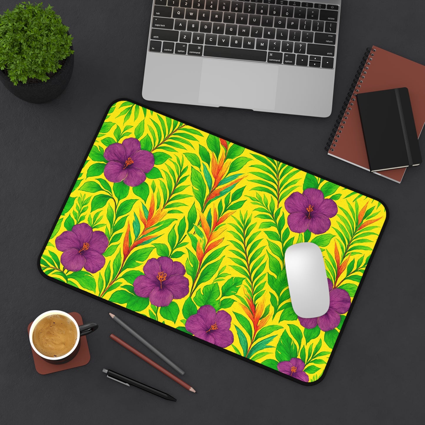 Tropical Mouse Pad/Desk Mat, 3 Sizes - Bright Botanical Design, Perfect for Home Office / Midnight Flower Yellow