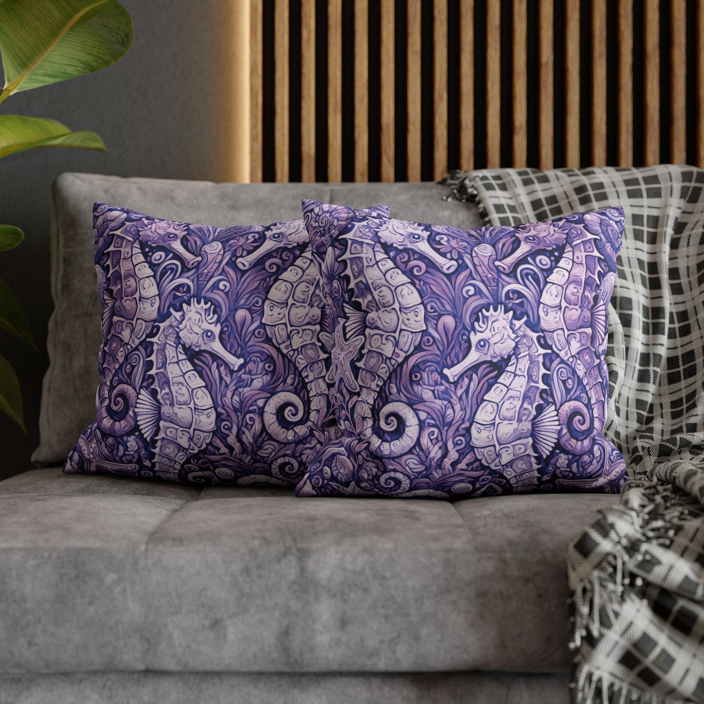 Faux Suede Square Pillowcase - Seahorse Trio, Amethyst