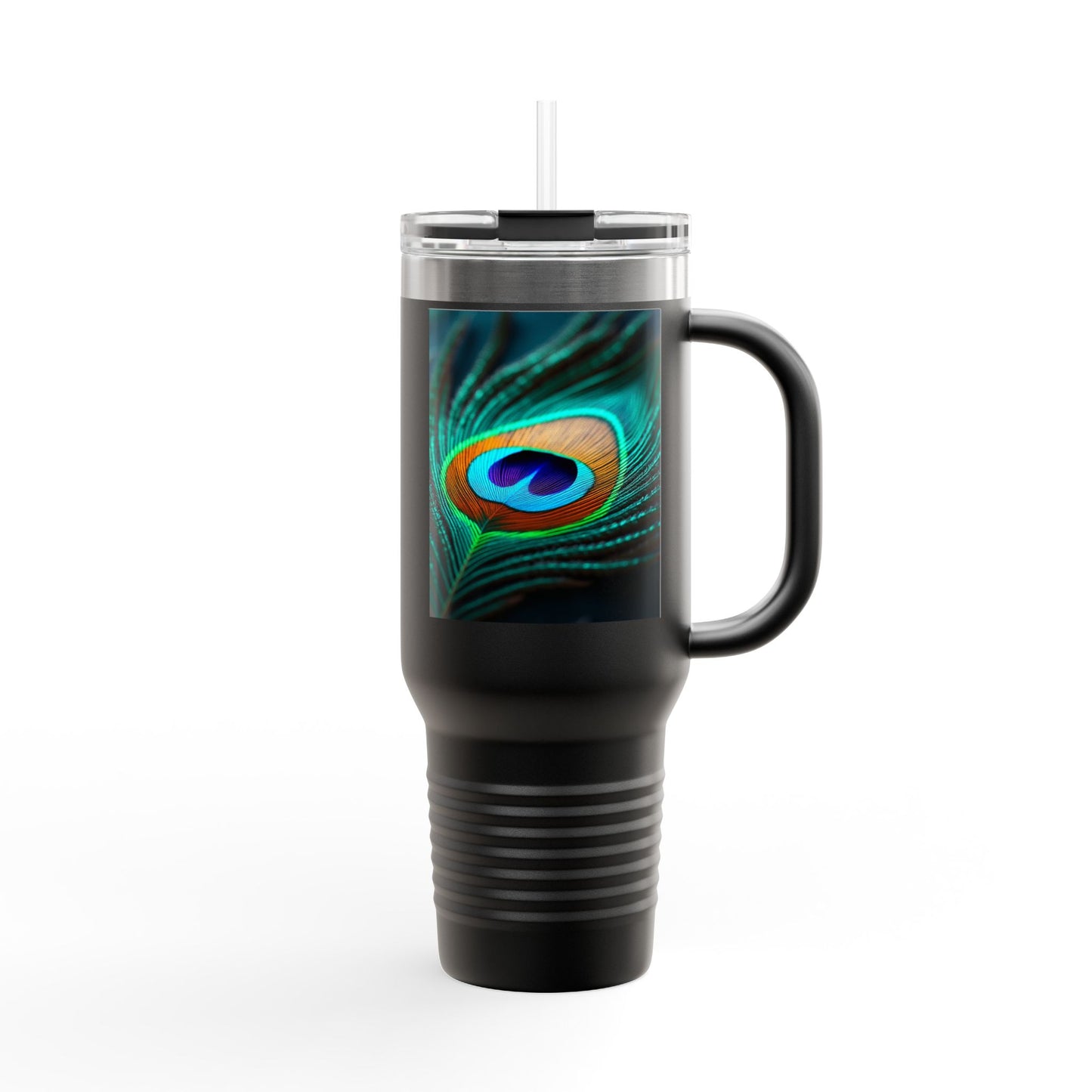 Insulated Travel Mug, 40oz / Peacock Eye Feather, Turquoise- Perfect for Outdoor Adventures
