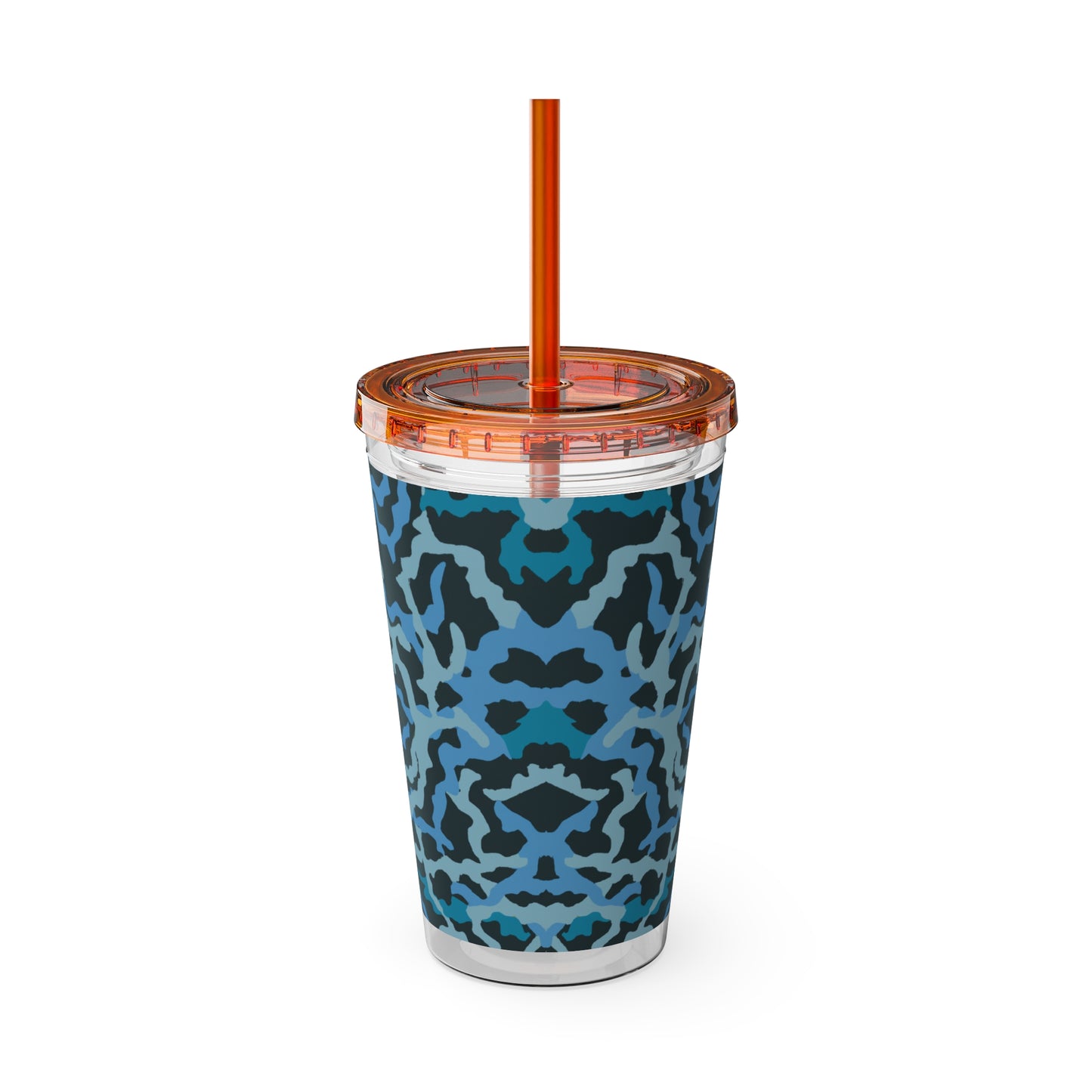 Tropical Tumbler with Straw | 16oz Colorful Travel Cup / Coral Threads, Blue