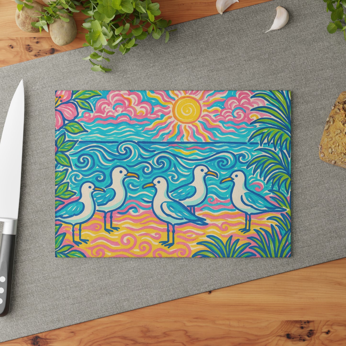 Glass Cutting Board, 2 sizes - Tropical Beach Seagulls