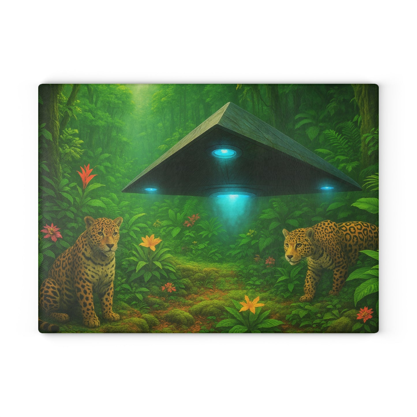 Glass Cutting Board, 2 sizes - Rainforest UFO and Jaguars