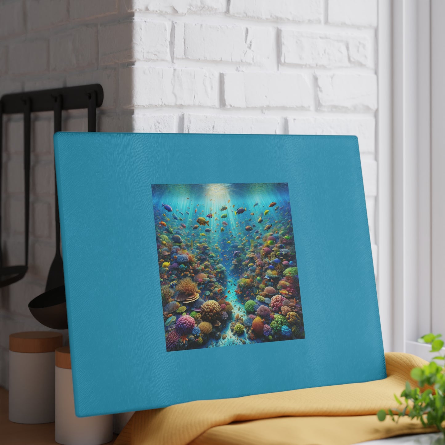 Glass Cutting Board, 2 sizes - Busy Coral Reef/Turquoise