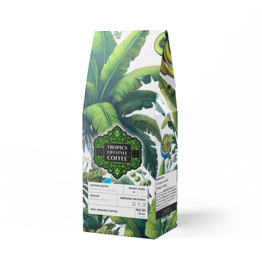 Beach Sunrise Blend™ (Light Roast) Specialty Grade Craft Coffee / Palms and More Tropical Fruit, White