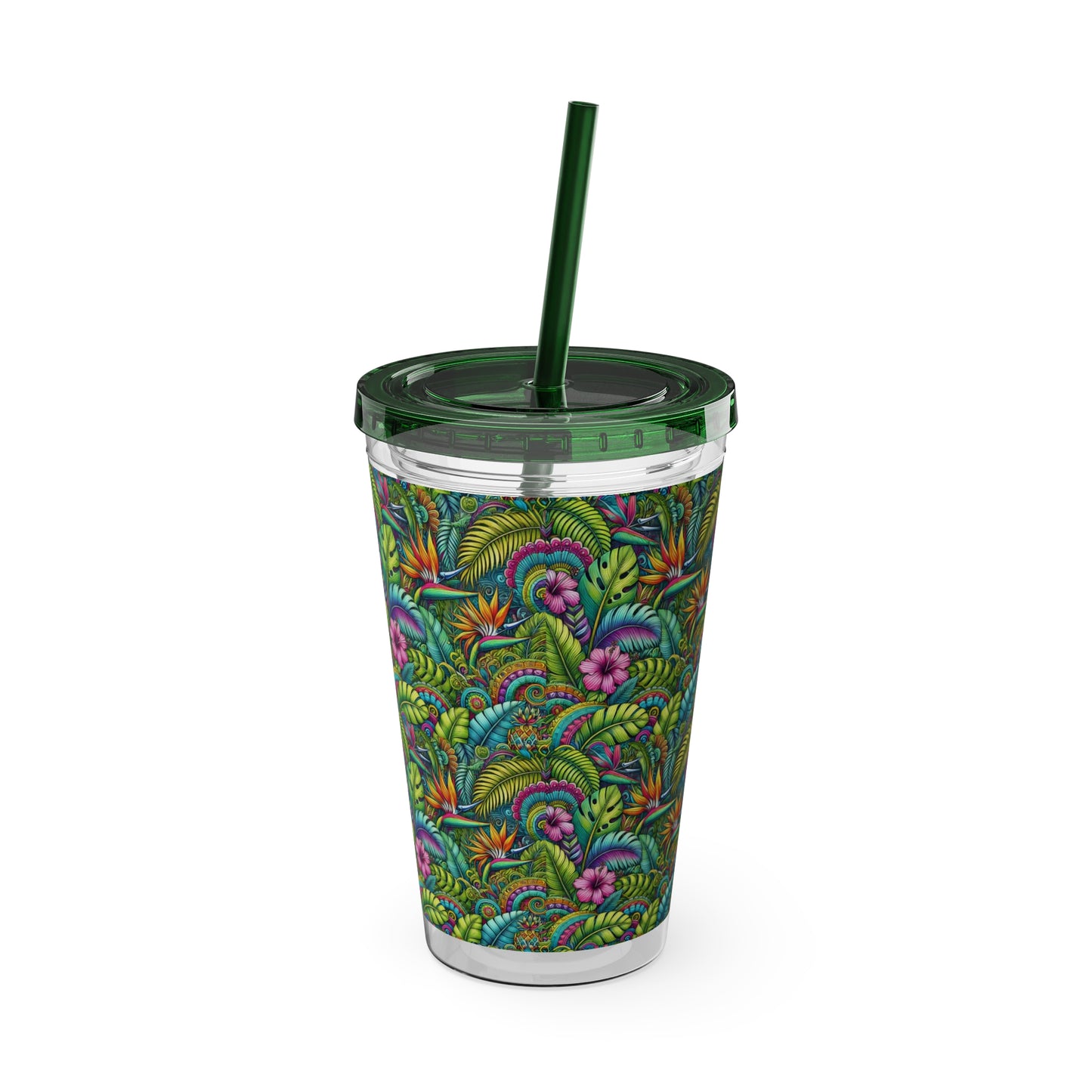 Tropical Tumbler with Straw | 16oz Colorful Travel Cup / Rainforest Blooms