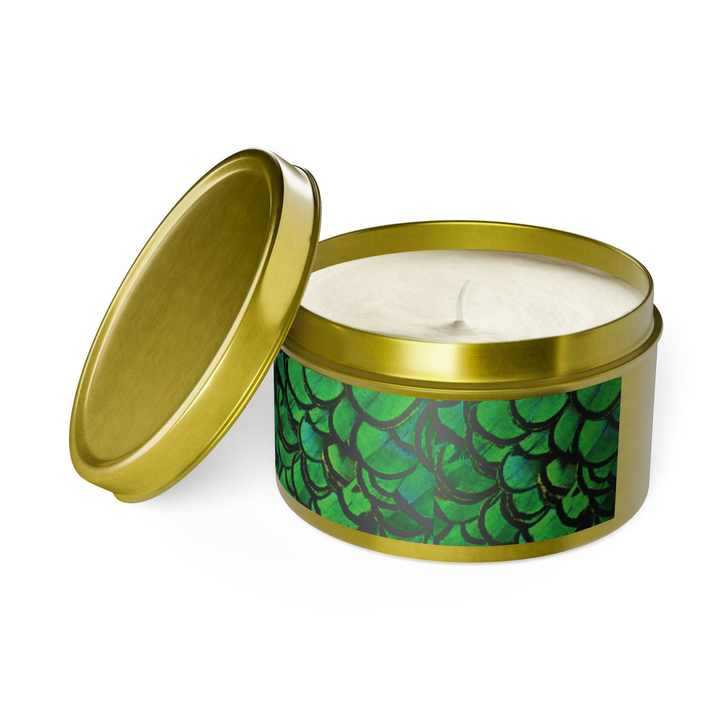 Tin Candles, 2 sizes, 3 tin colors - Green Peacock