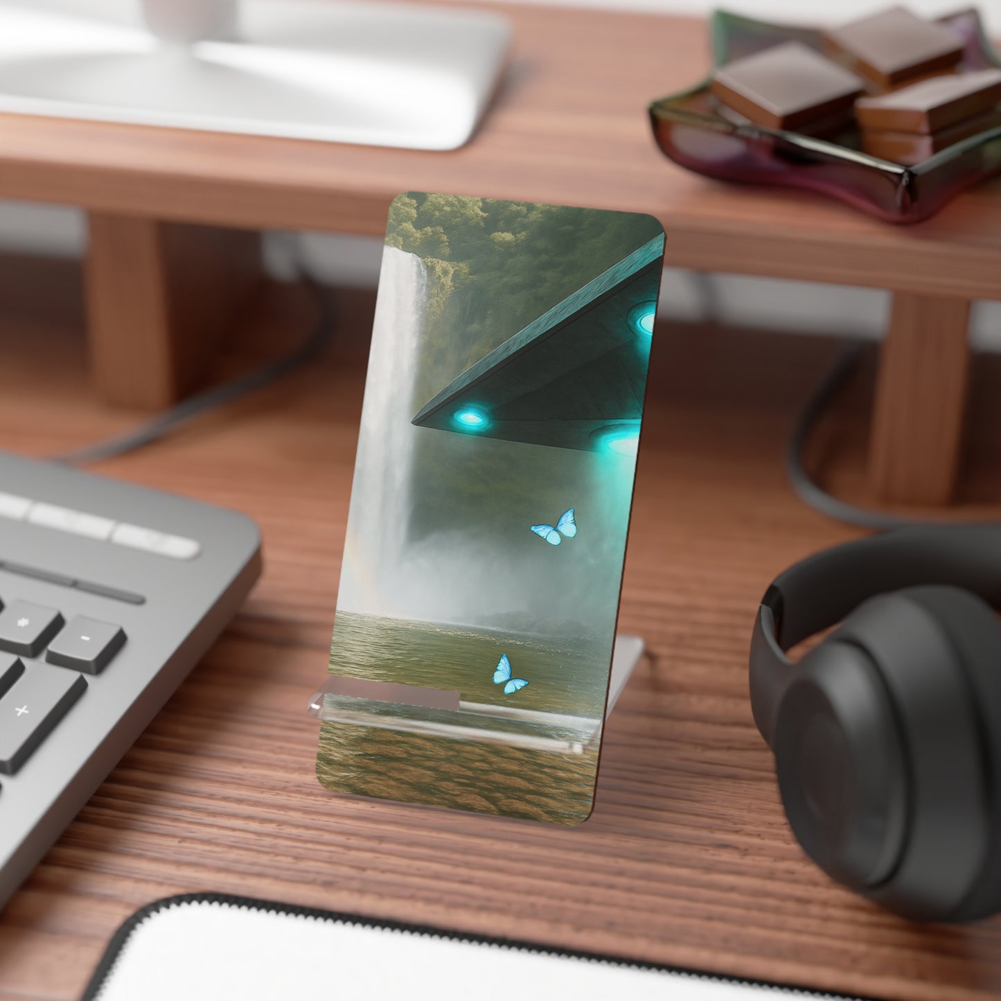 Stylish Smartphone Display Stand - UFO and Waterfall in Rainforest