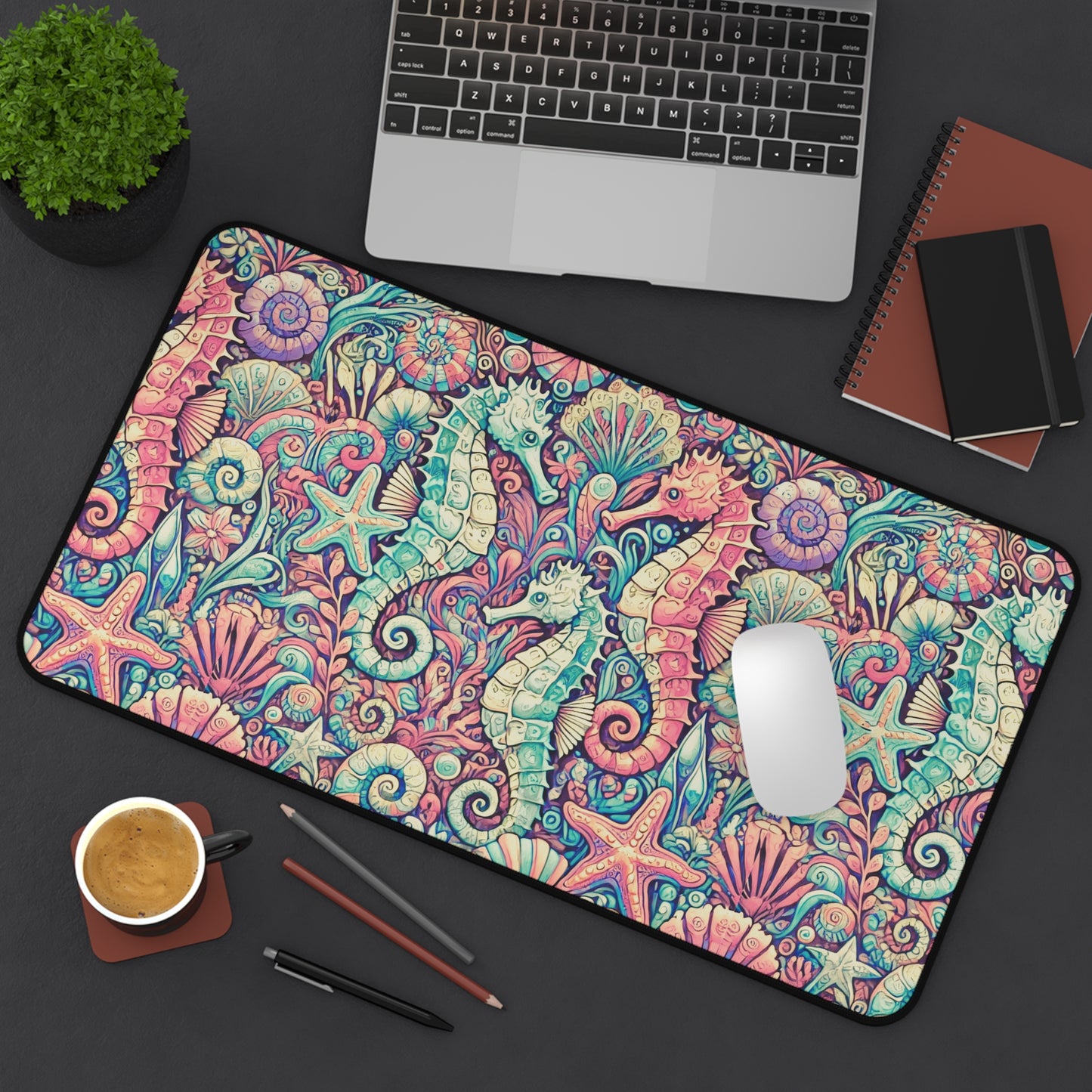 Tropical Mouse Pad/Desk Mat, 3 Sizes - Perfect for Home Office / Seahorses, Retro