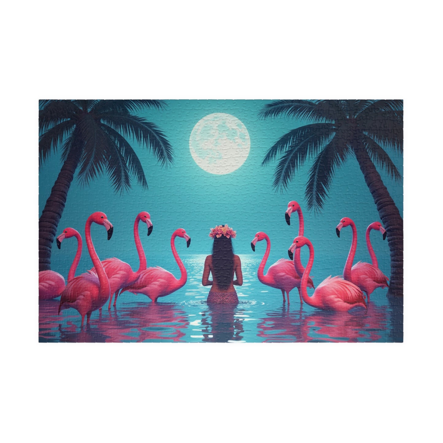 Moonlit Mermaid and Flamingos Troical Puzzle, 4 Sizes - Relaxing Jigsaw for Island Vibes