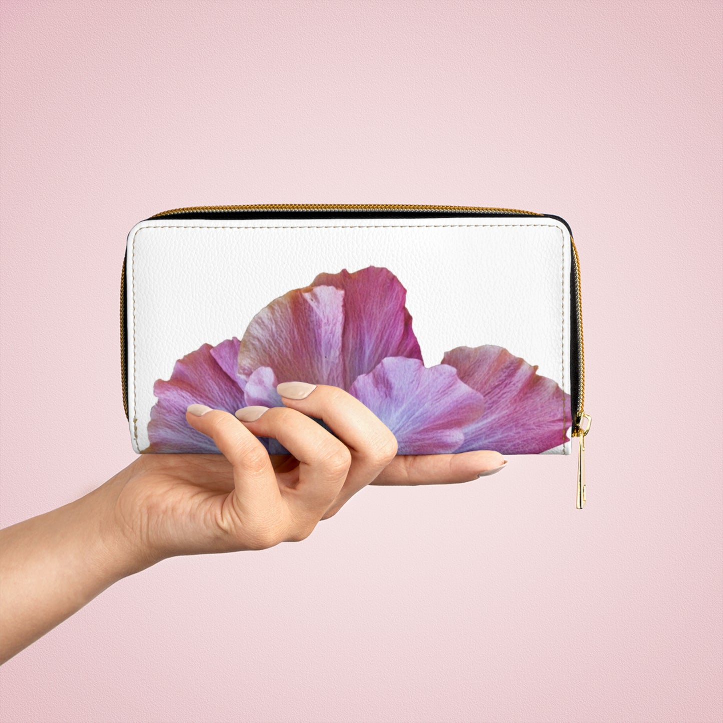 Tropical Zipper Wallet, Faux Leather / Vibrant Clutch / Purple Hibiscus, White