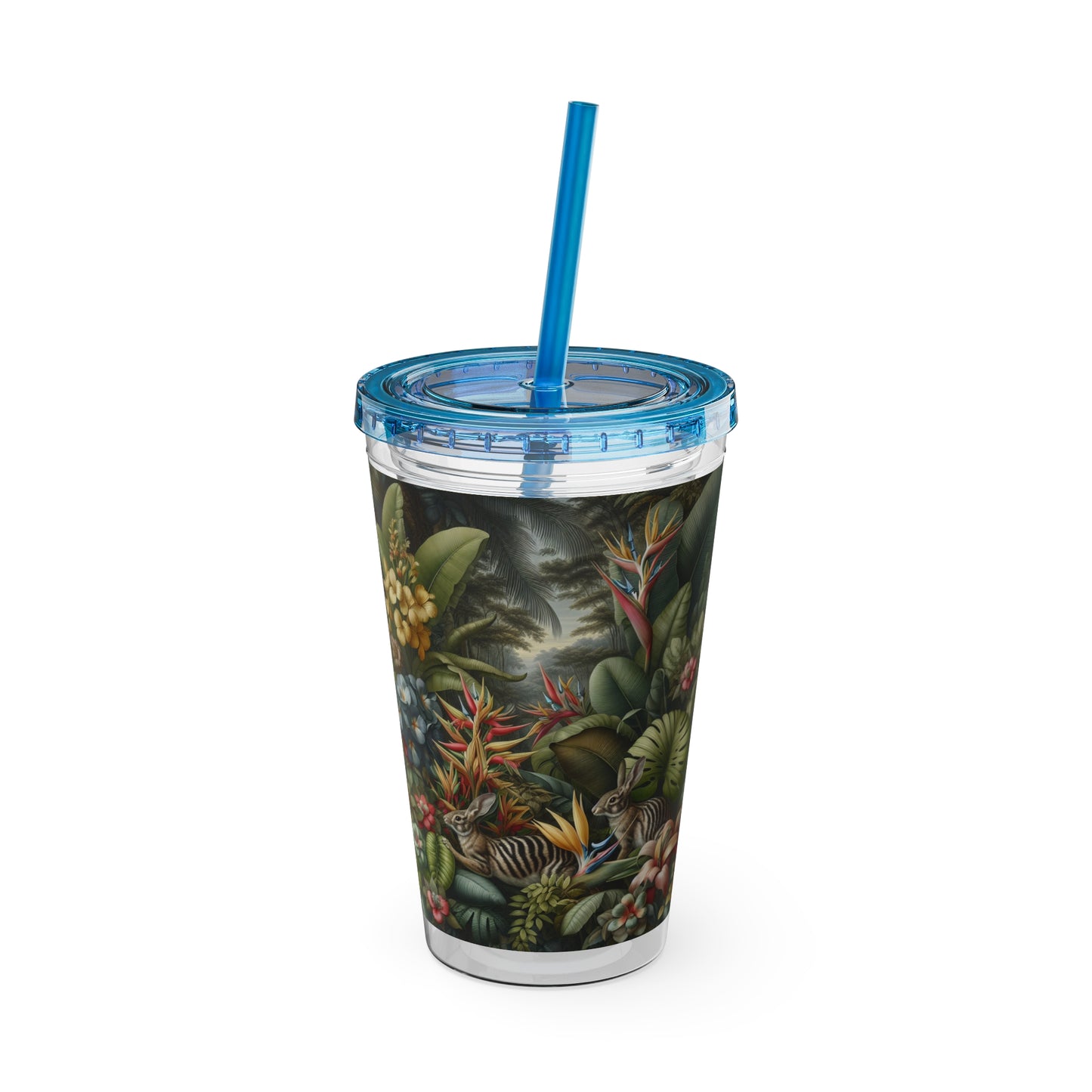 Tropical Tumbler with Straw | 16oz Colorful Travel Cup / Rainforest Rabbit Outing