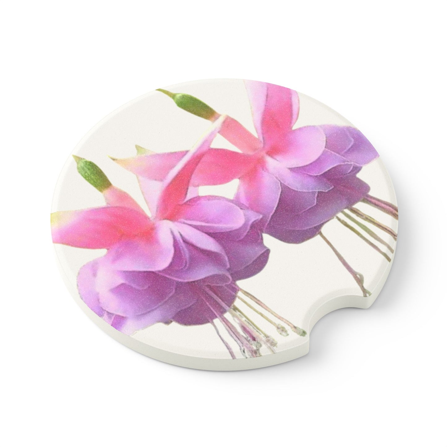 Soapstone Car Coaster - Two Fuchsias, White