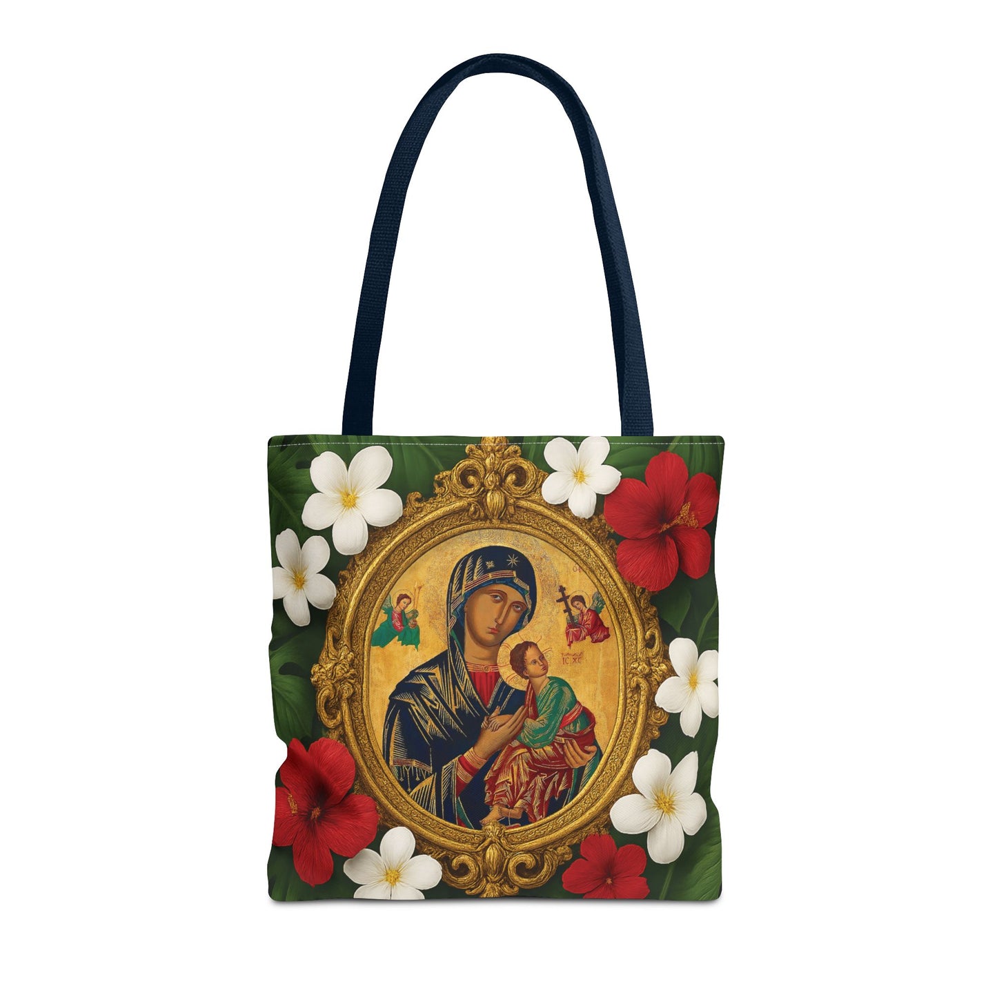 Religious Art Polyester Tote Bag, 3 Sizes / Our Lady of Perpetual Help, Red Flowers