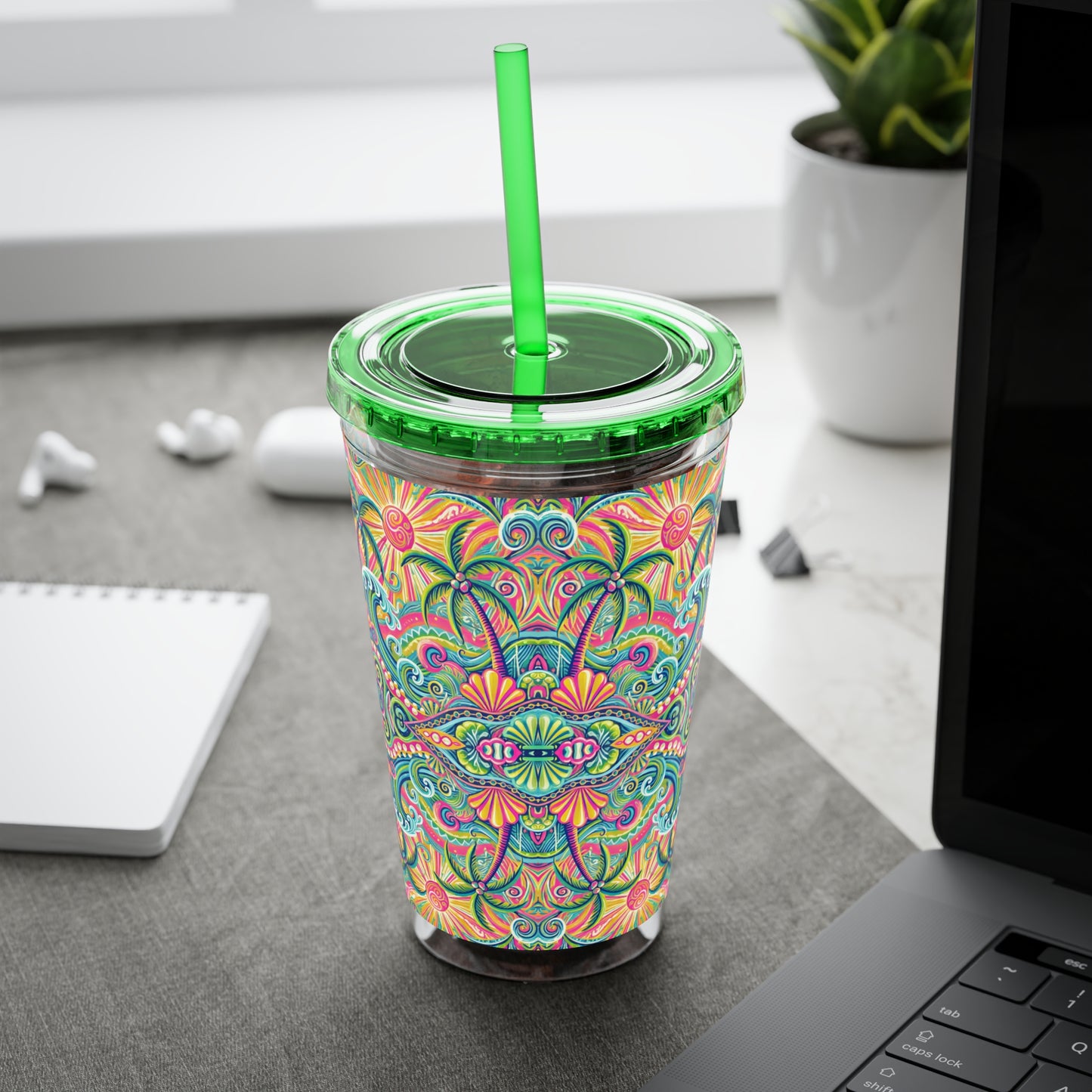 Tropical Tumbler with Straw | 16oz Colorful Travel Cup / Kaleido Bay
