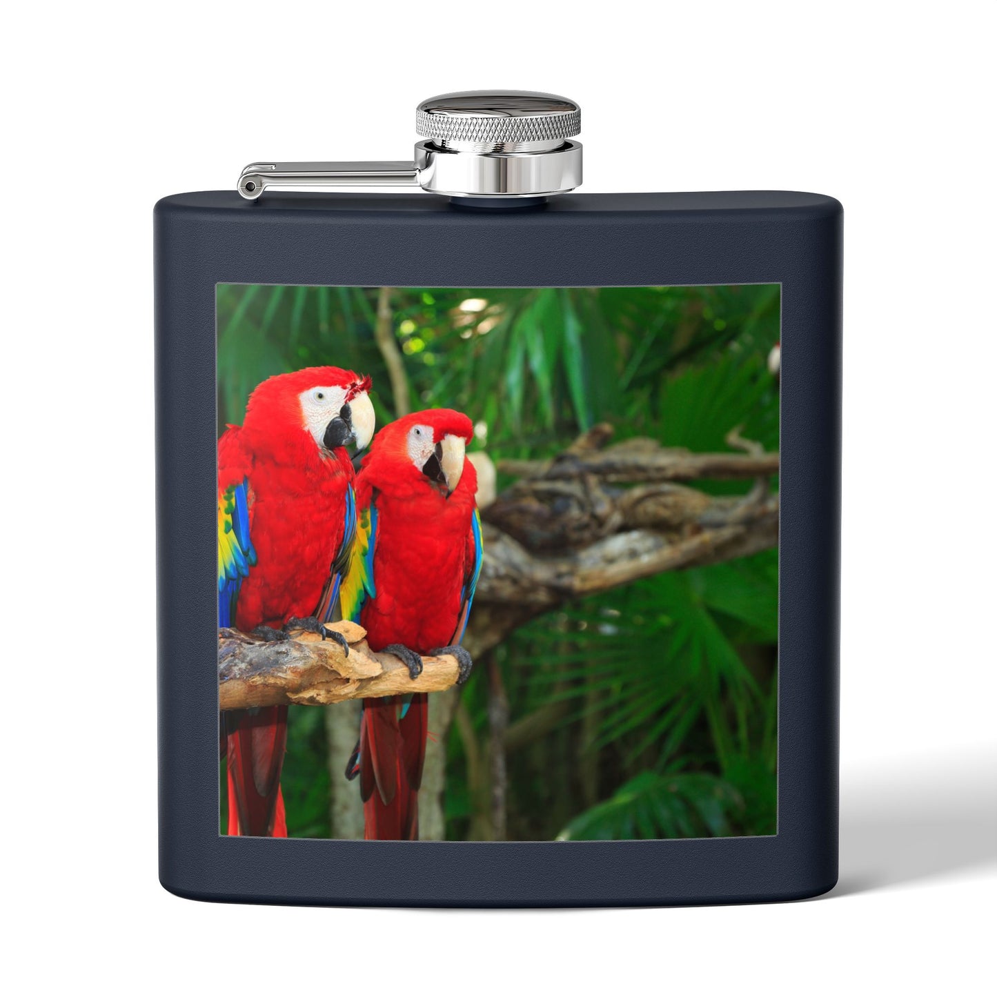 Tropical Stainless Steel 6 oz. Flask, Many Colors  – Two Red Parrots