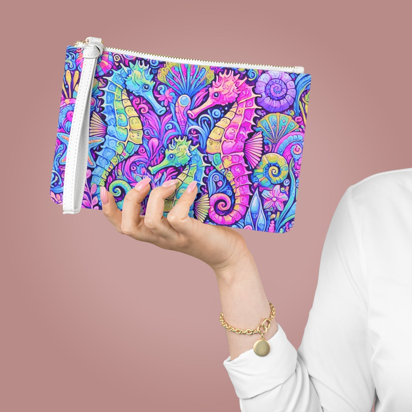 Tropical Faux Leather Clutch Bag - Perfect for Beach Adventures & Summer Vacations / Seahorse Trio, Fantasy Pop