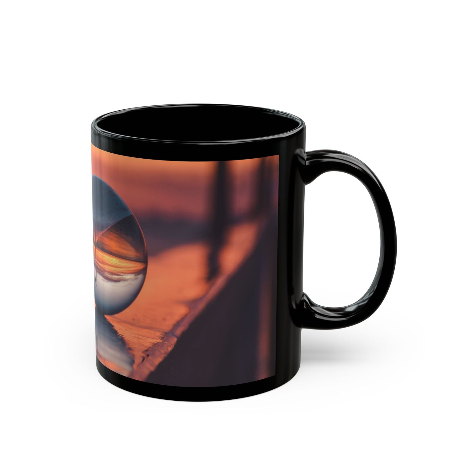 Black Mug (11oz, 15oz), Beach Crystal Ball at Sunset at Ocean Pier