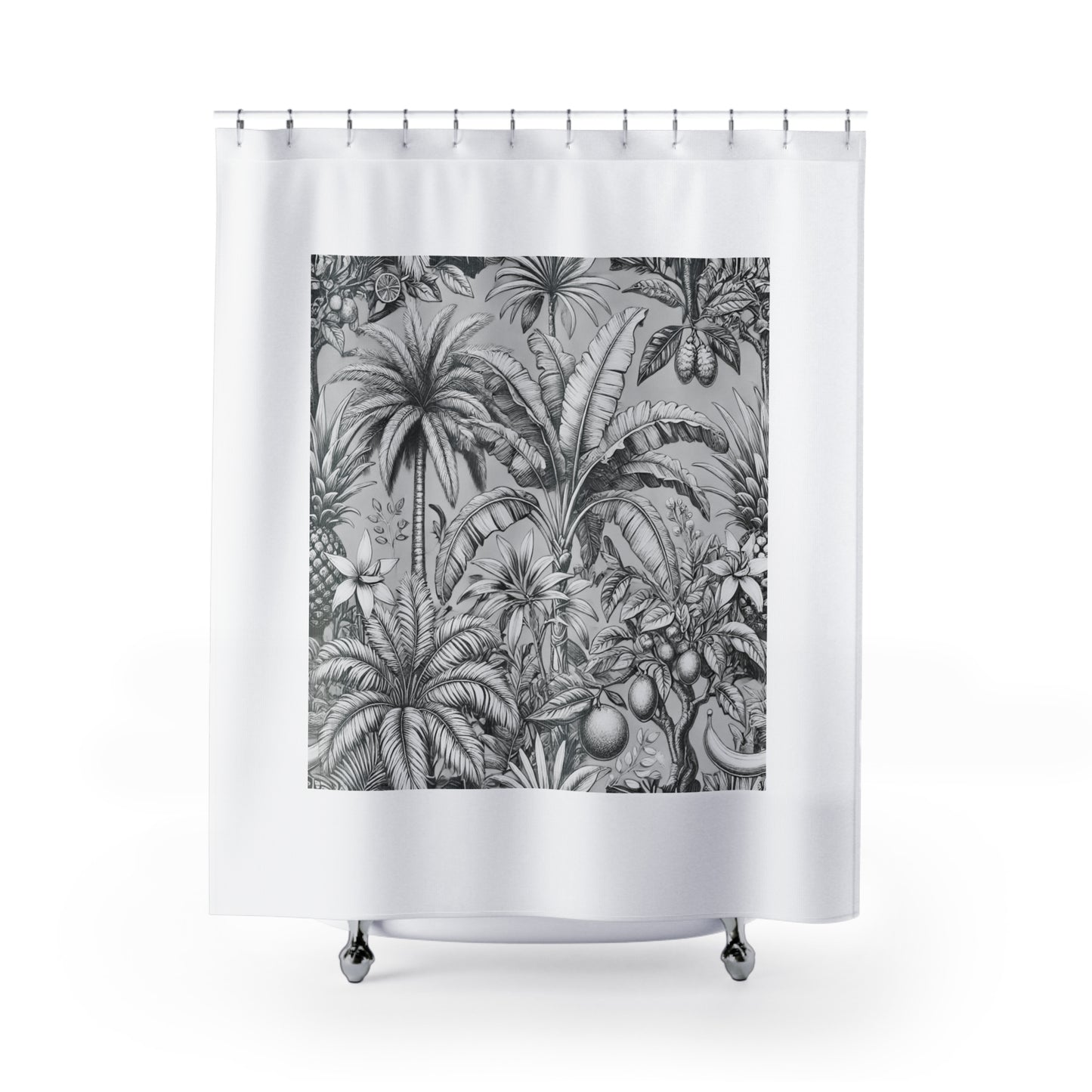 Palm Tree Shower Curtain - Ocean Bathroom Decor / Tropical Fruit/Newspaper, White