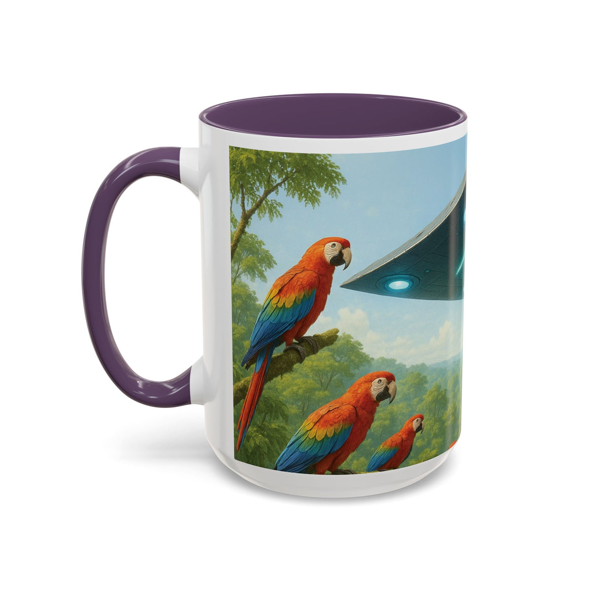 Accent Coffee Mug (11, 15oz), 8 Colors - UFO and Macaws