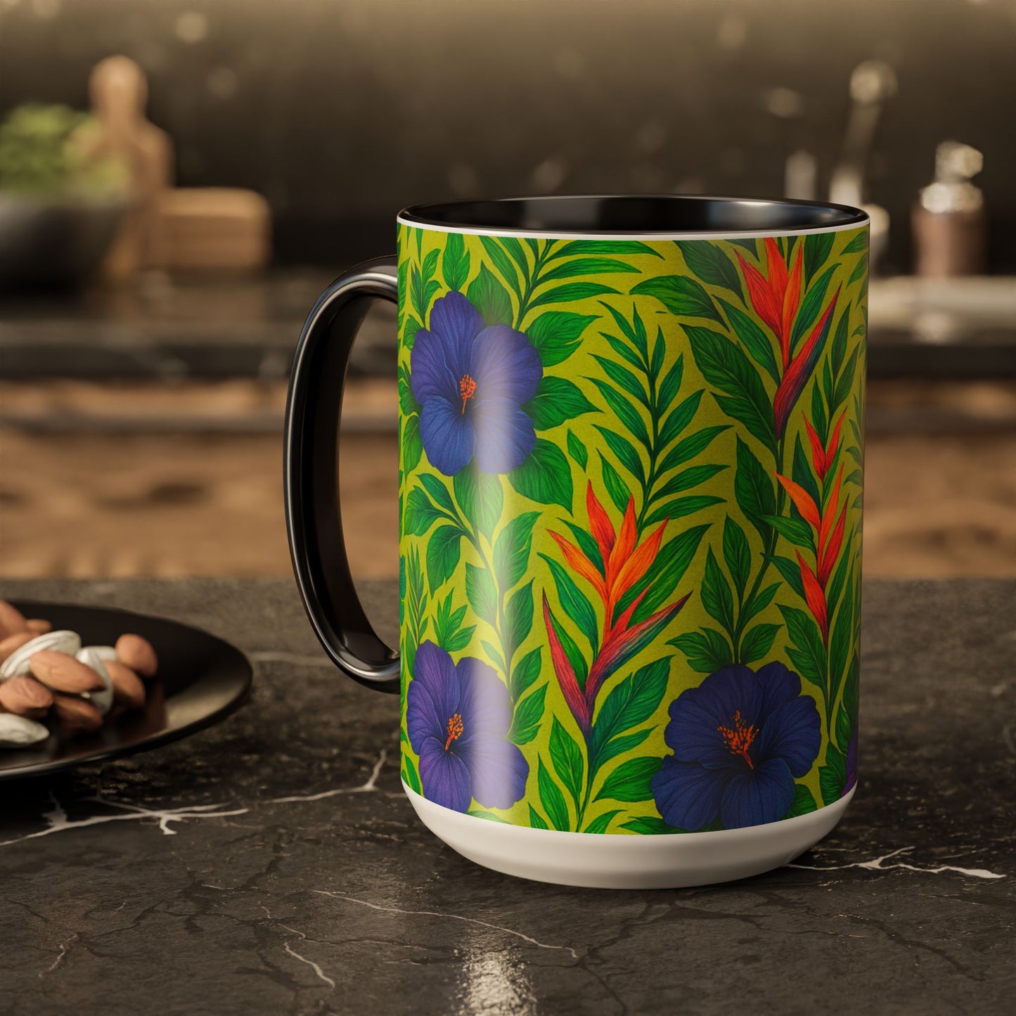 Vibrant Floral Coffee Mug - 11oz & 15oz / Midnight Flower Lime