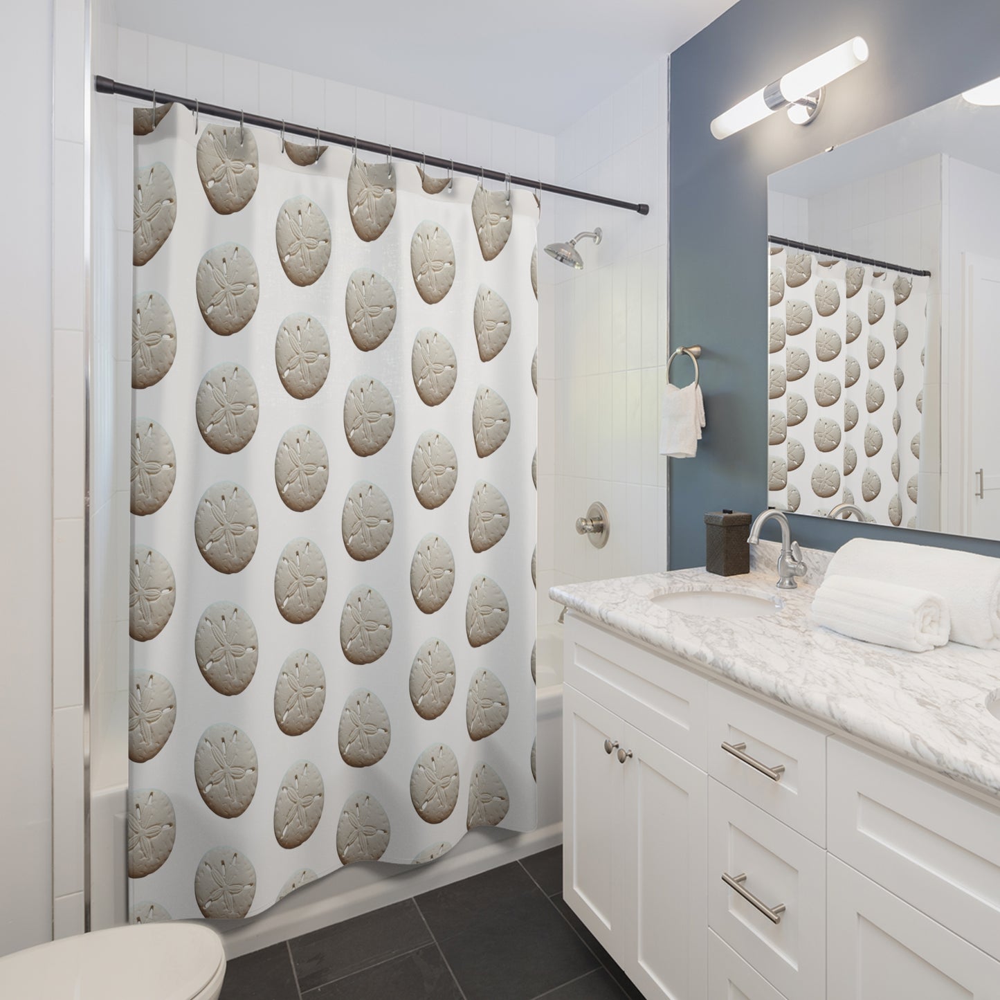 Tropical Shower Curtain - Ocean Bathroom Decor / Real Sand Dollar/White