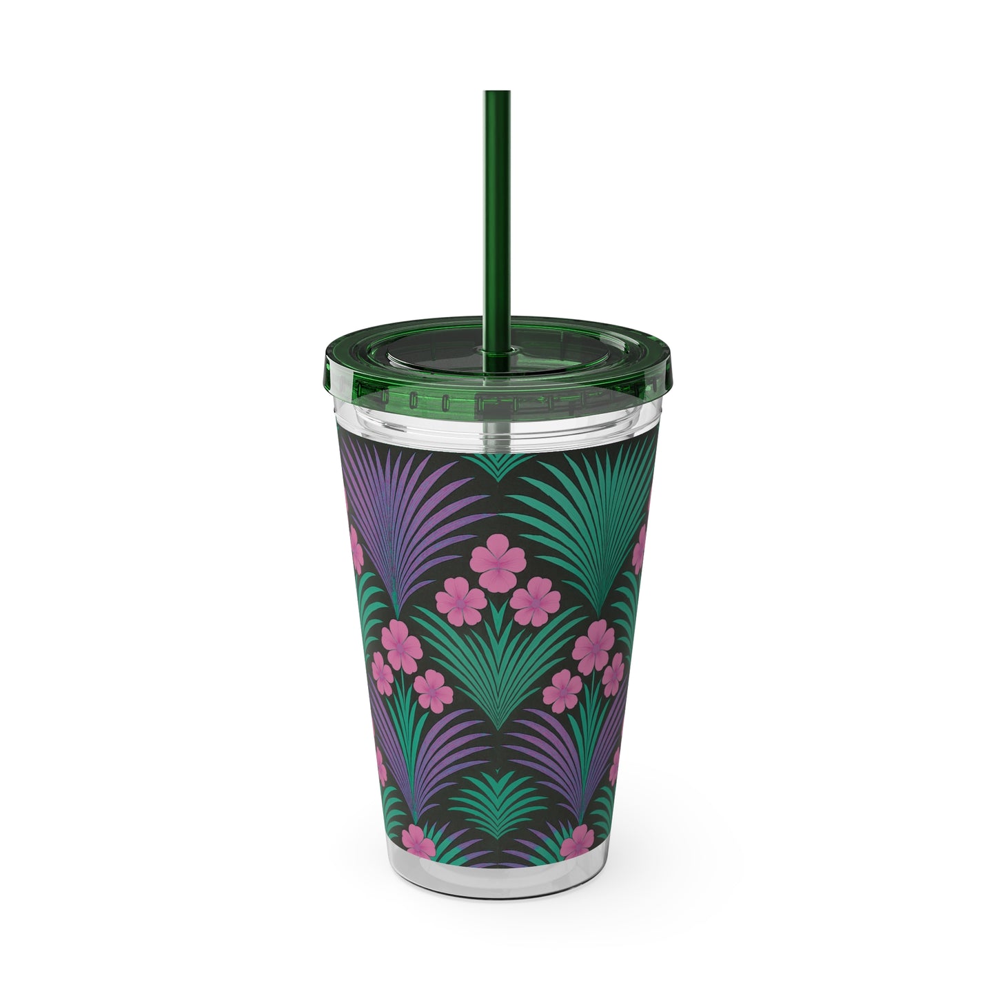 Tropical Tumbler with Straw | 16oz Colorful Travel Cup / Midnight Hibiscus Deco, Pink