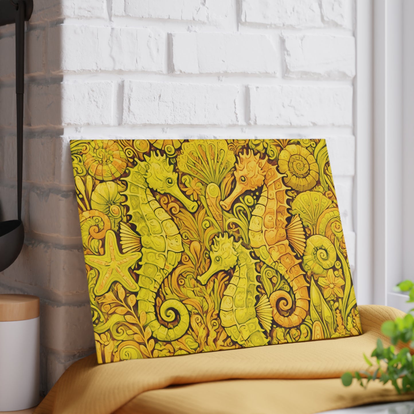 Glass Cutting Board, 2 sizes - Seahorses/Yellow