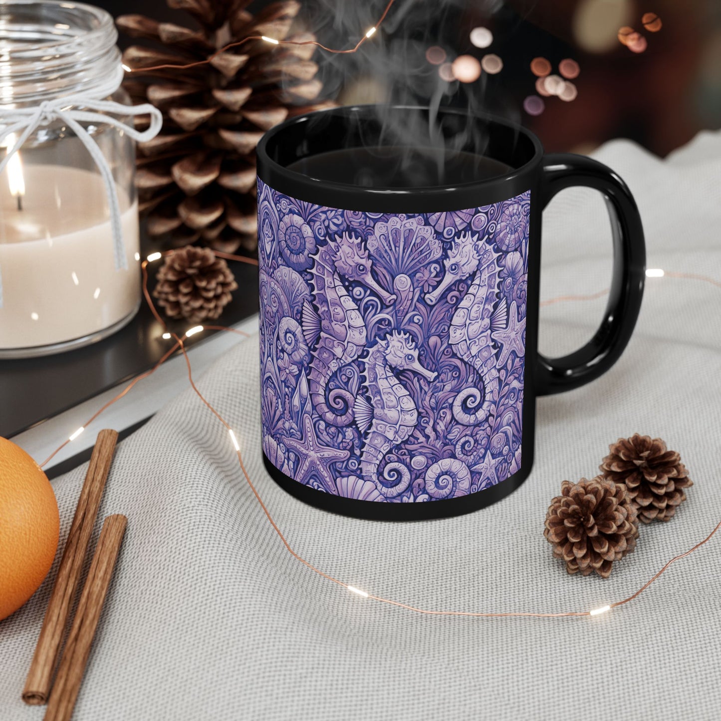 Black Coffee Mug - Seahorse Trio, Purple