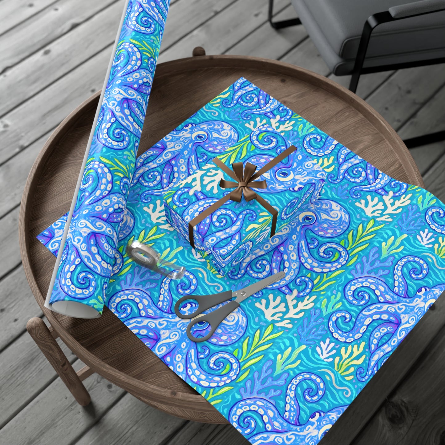 Wrapping Paper - Tropical Gift Wrap for All Occasions / 3 Sizes, 2 Finishes / Octopus Kraken Joe, Blue